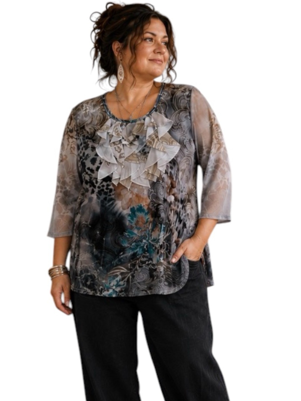 CJ Banks Velvet Top Ruffle Neck Size 1X Mesh Sleeves Fairy Eclectic Artsy Unique